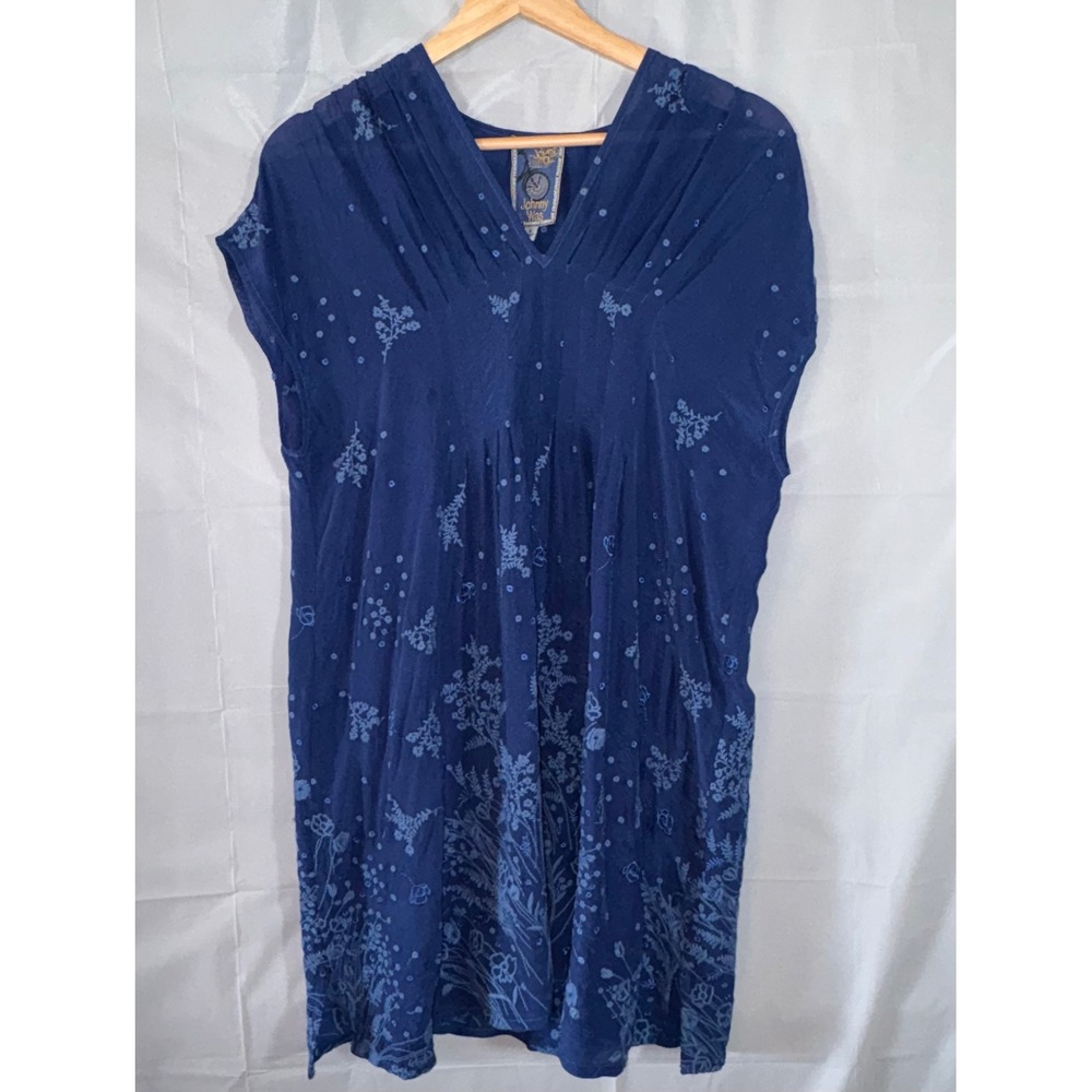 Johnny Was Navy Blue Tunic Dress Floral Embroidered Cupra Rayon V-Neck Boho